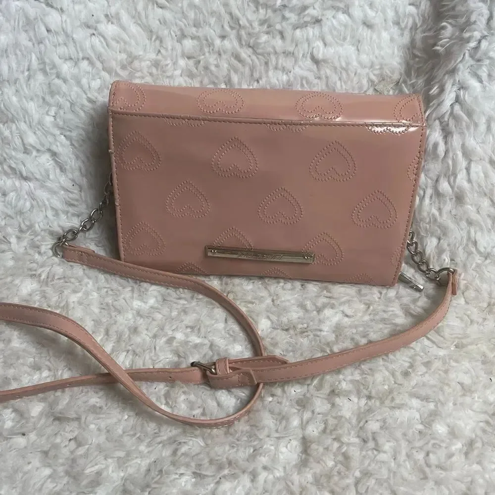 Betsey Johnson synthetic heart embossed pink patent crossbody bag Bow accent